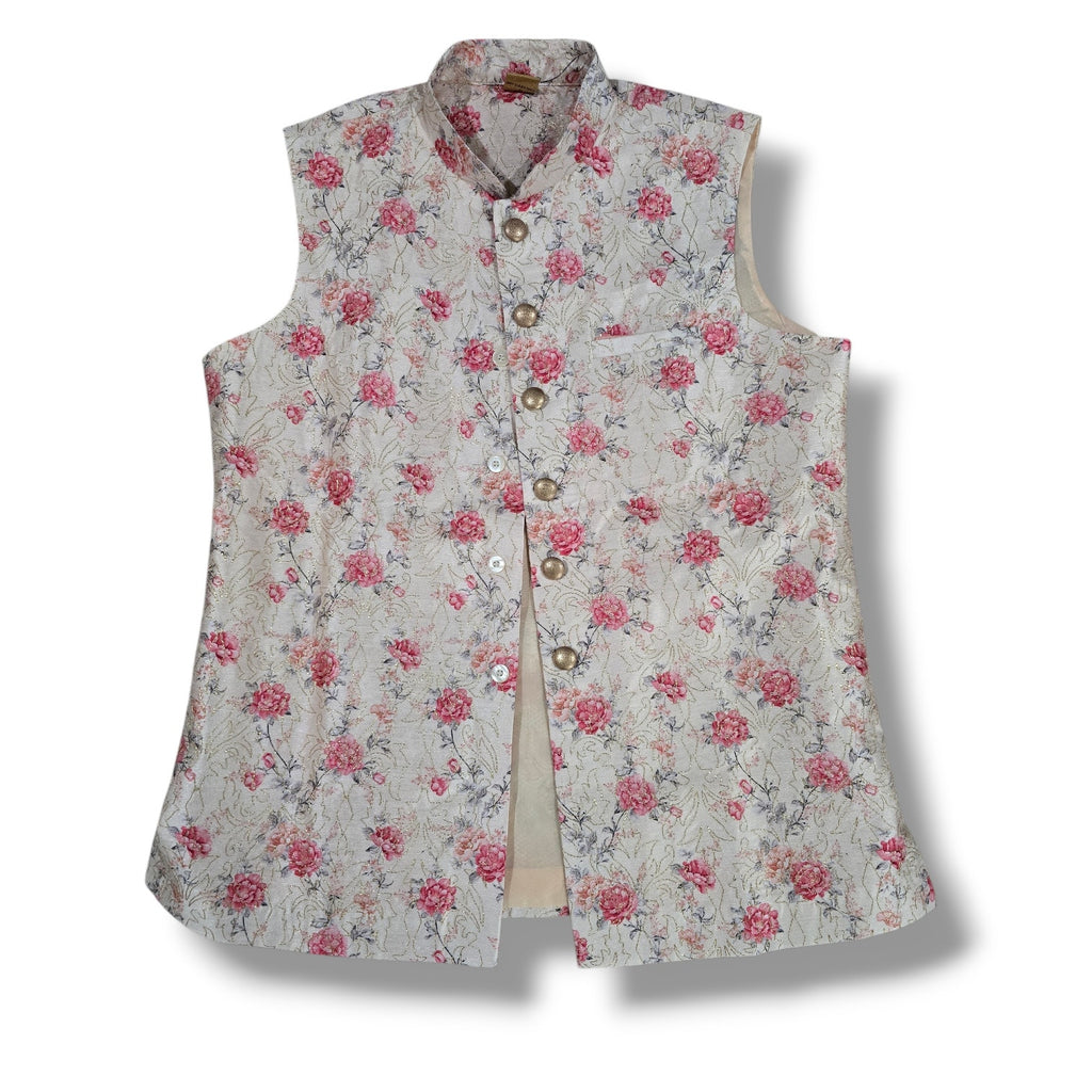 Manyavar men's Beige Jacket With Pink Floral Motifs