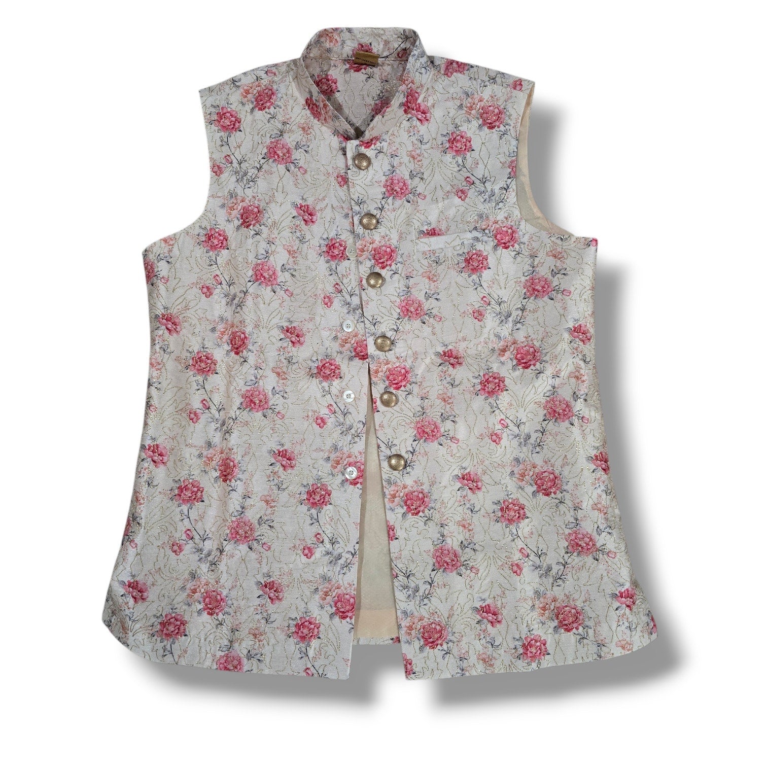 Manyavar men's Beige Jacket With Pink Floral Motifs