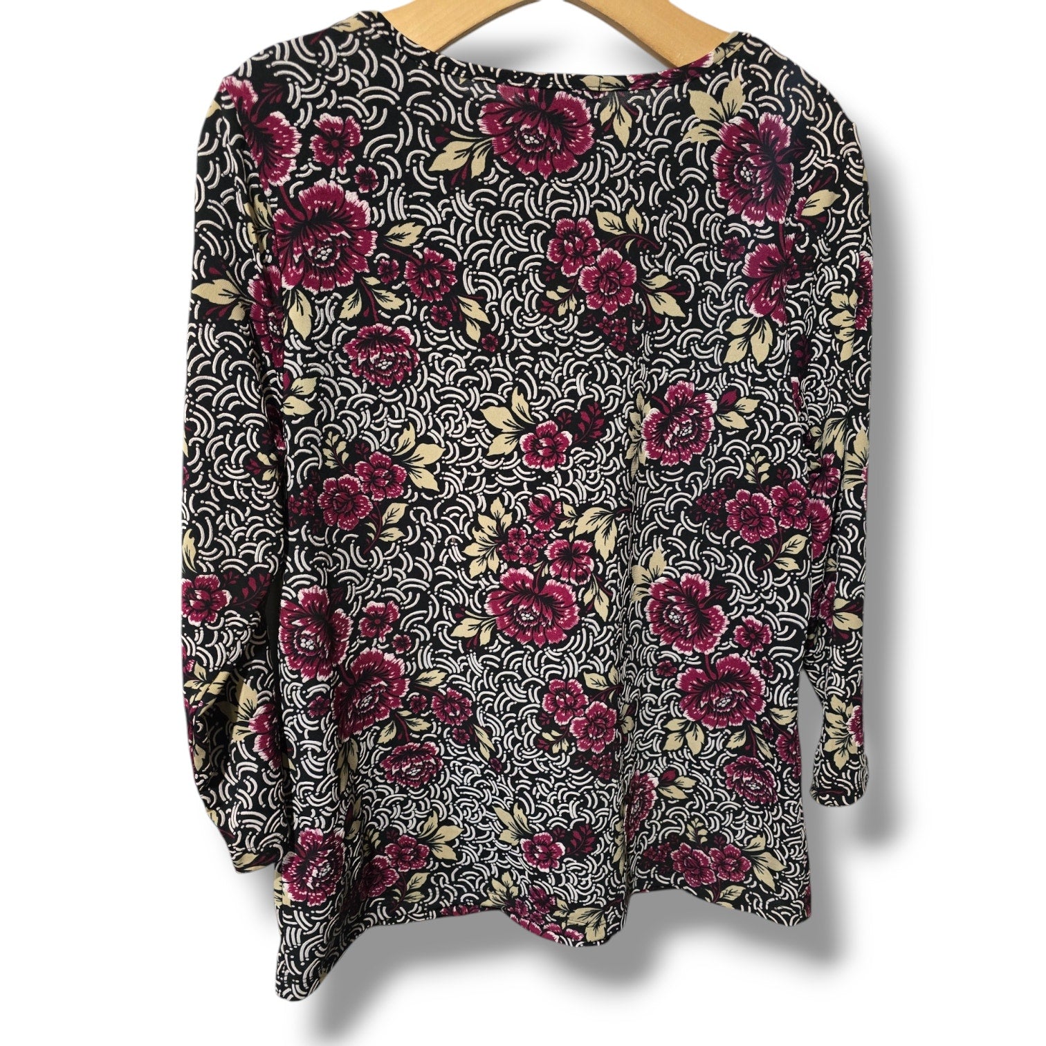 BYdesign Women’s Vintage Multicolor Floral Tie-Neck Long Sleeve Blouse – Large