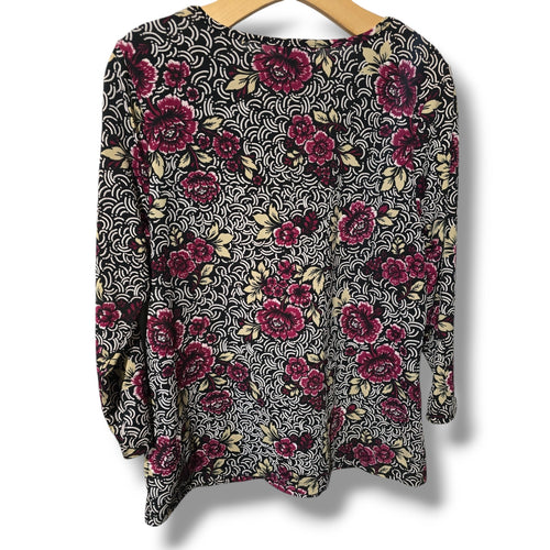BYdesign Women’s Vintage Multicolor Floral Tie-Neck Long Sleeve Blouse – Large