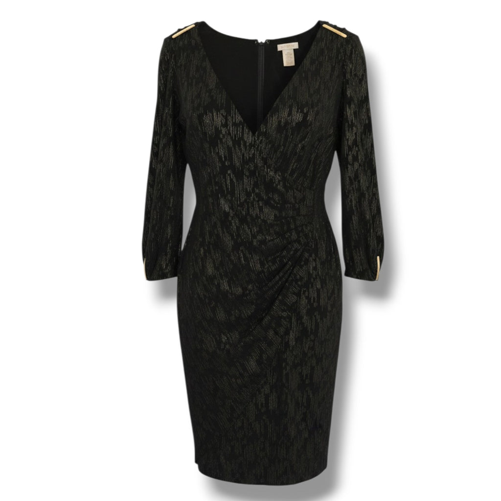 Caché Black & Metallic Gold Shimmer Ruched Faux-Wrap Dress – Large