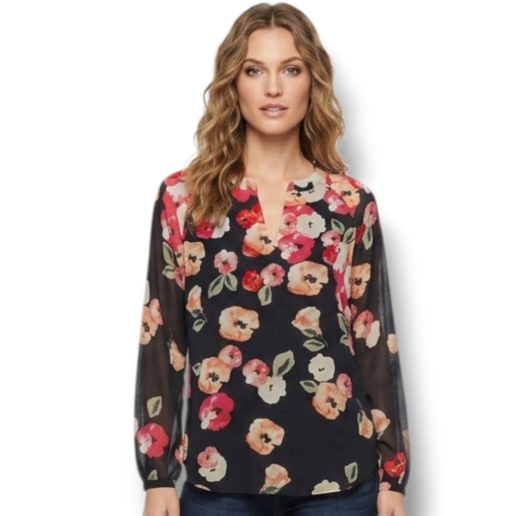 Cabi women's Floral V-Neck Long Sleeve Lined Blouse Black Size XS