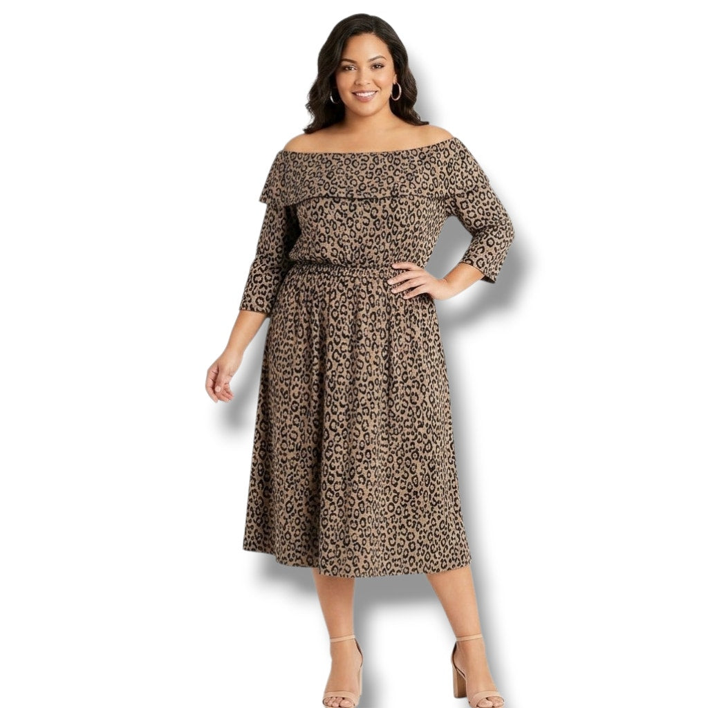 Lane Bryant Leopard Animal Print Off-Shoulder Dress Women’s 14/16 Casual Fit