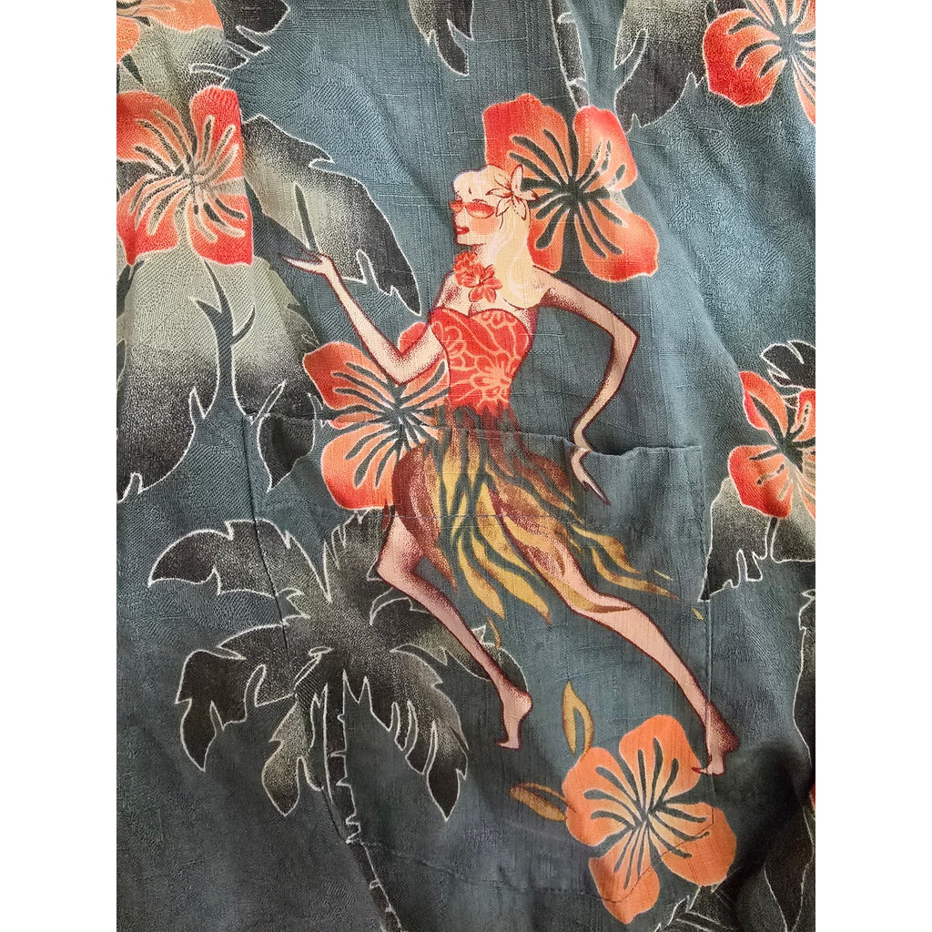 Montego Mon 100% Silk Green Hula Girl Tropical Hawaiian Camp Shirt XXL