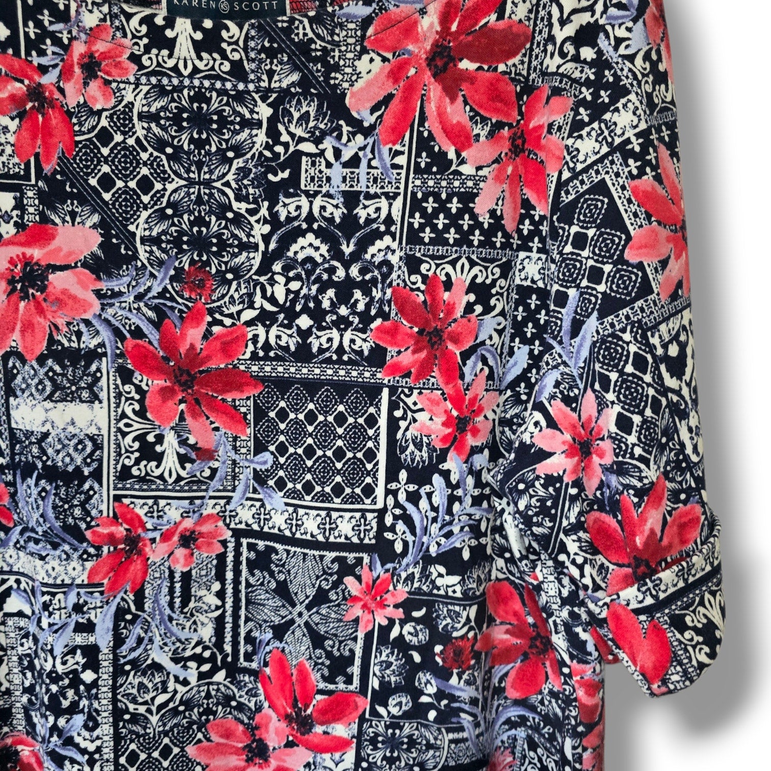 Karen Scott women's Navy & Pink Patchwork Floral Boat Neck Top – Size XL