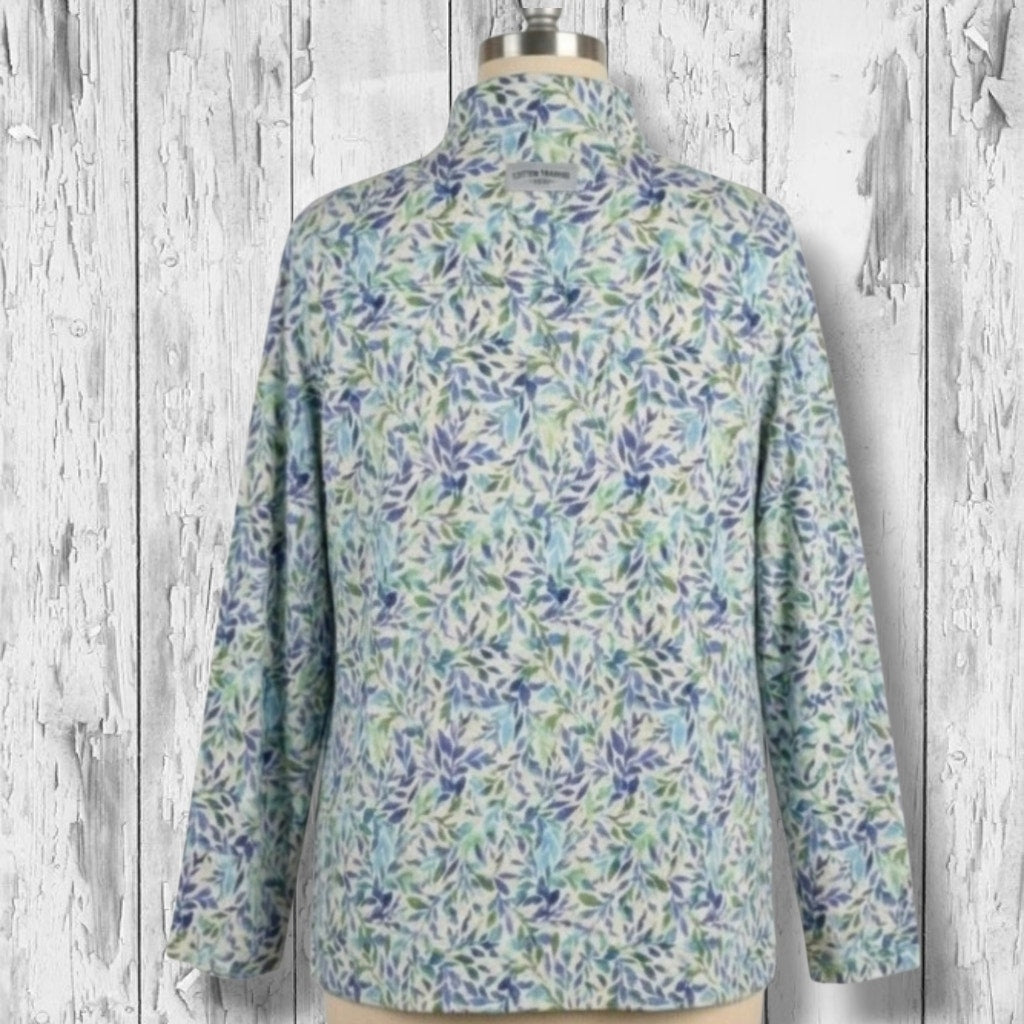 Appleseed's women's plus size Blue & Green Leaf Print Mock Neck Henley Top- 2x