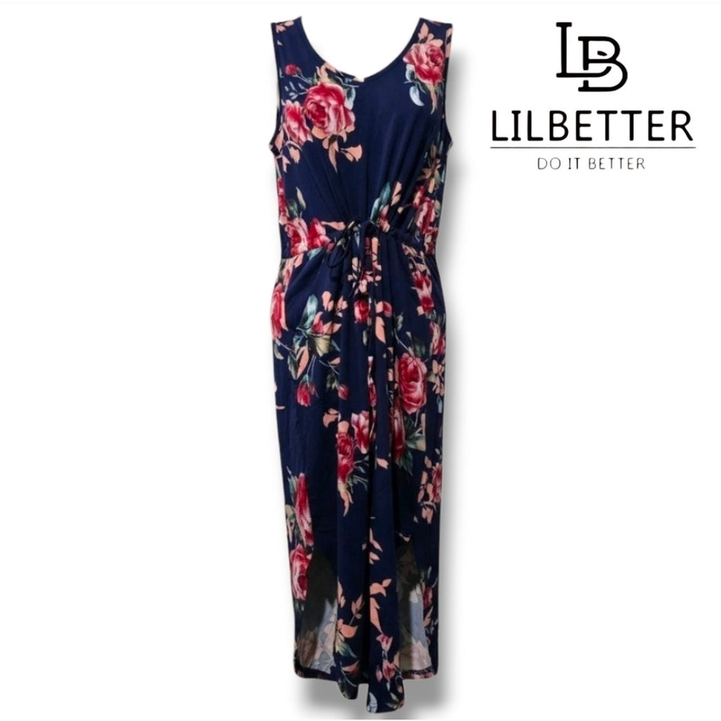 Lilbetter Women’s Blue Floral Summer Dress Small V-Neck, Pockets, New