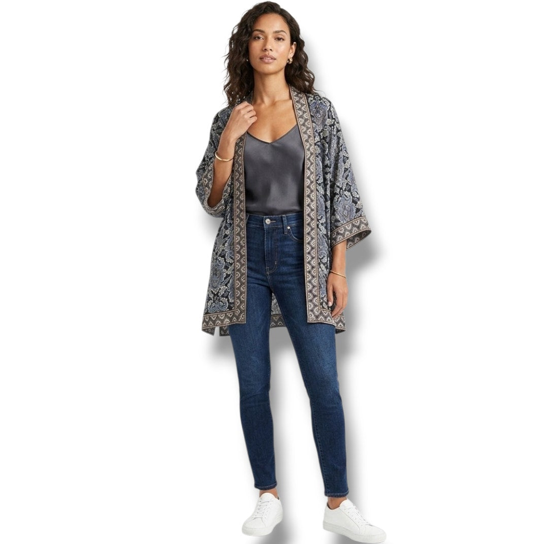 Max Studio Women’s Black Paisley Open Front Cardigan Kimono – Size M