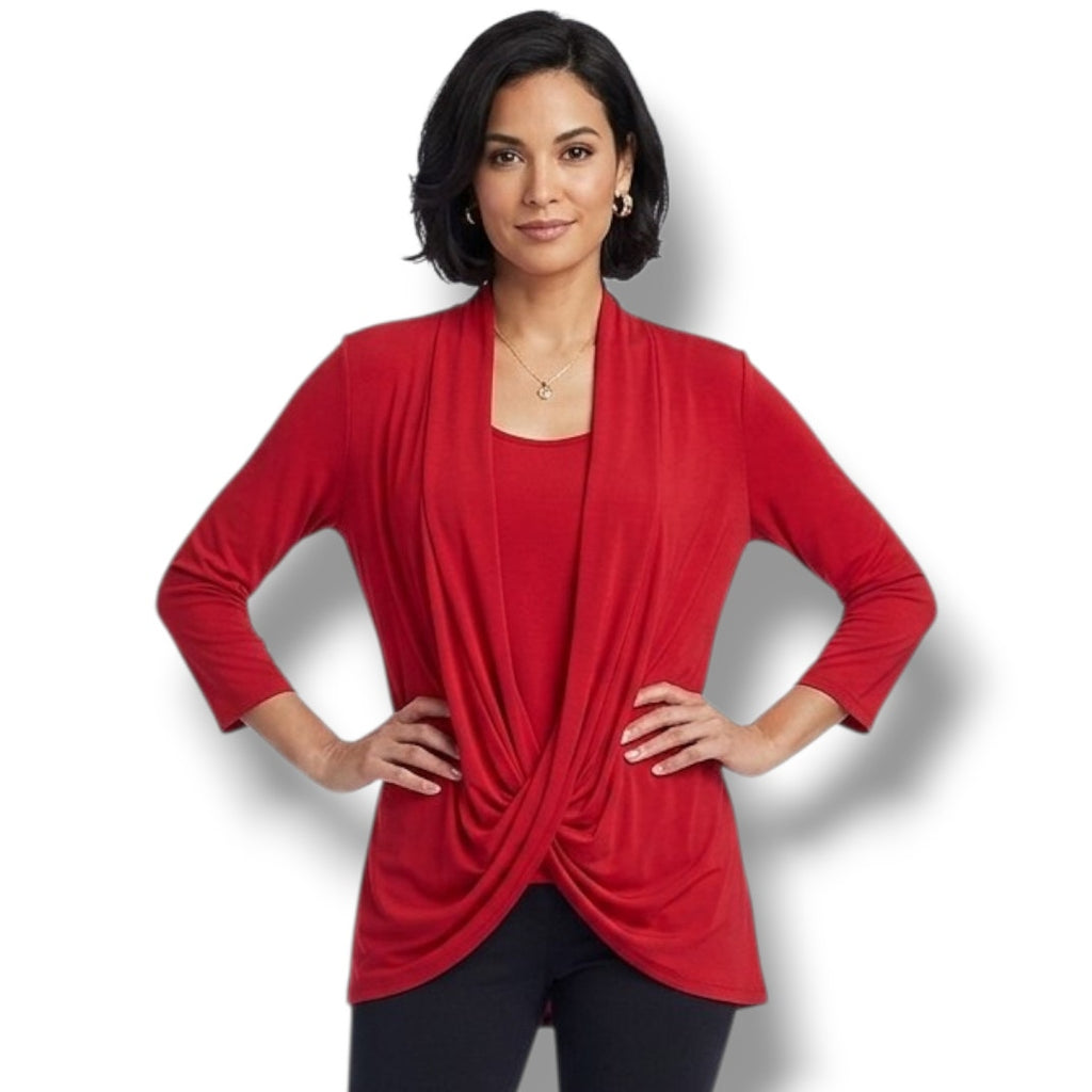 Rhonda Shear Women’s Burgundy 2-in-1 Draped Front Top Size Large