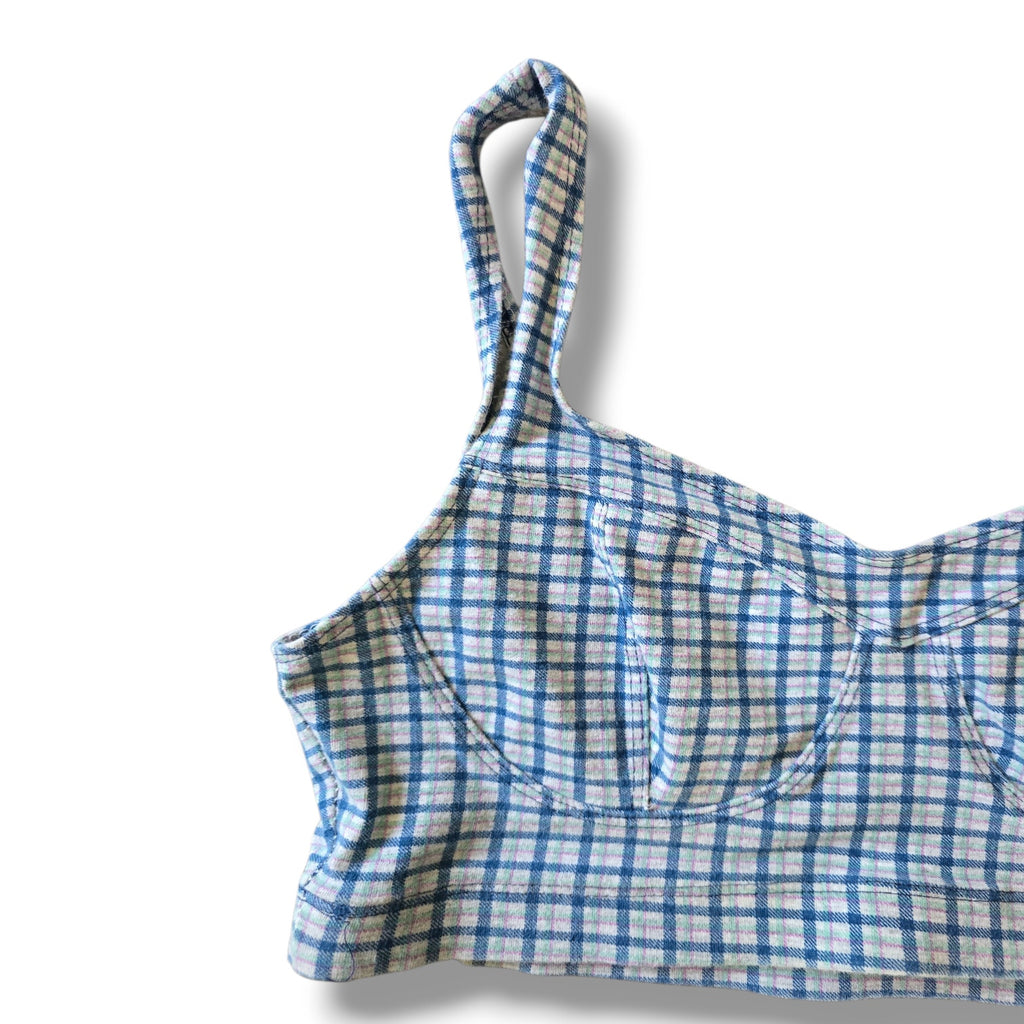 KATHY IRELAND Vintage Plaid Swim Top Large Blue White Gingham Bikini Crop