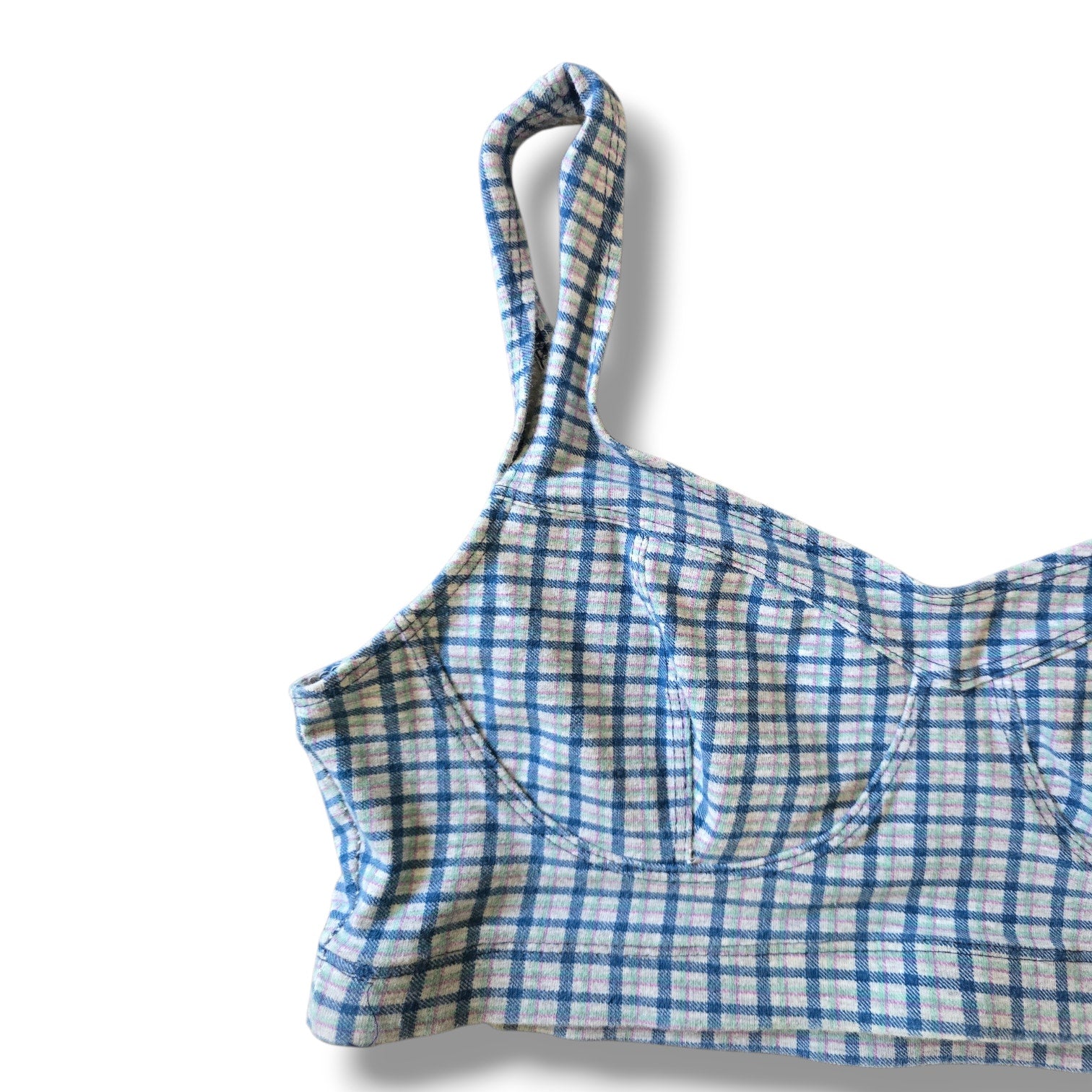 KATHY IRELAND Vintage Plaid Swim Top Large Blue White Gingham Bikini Crop