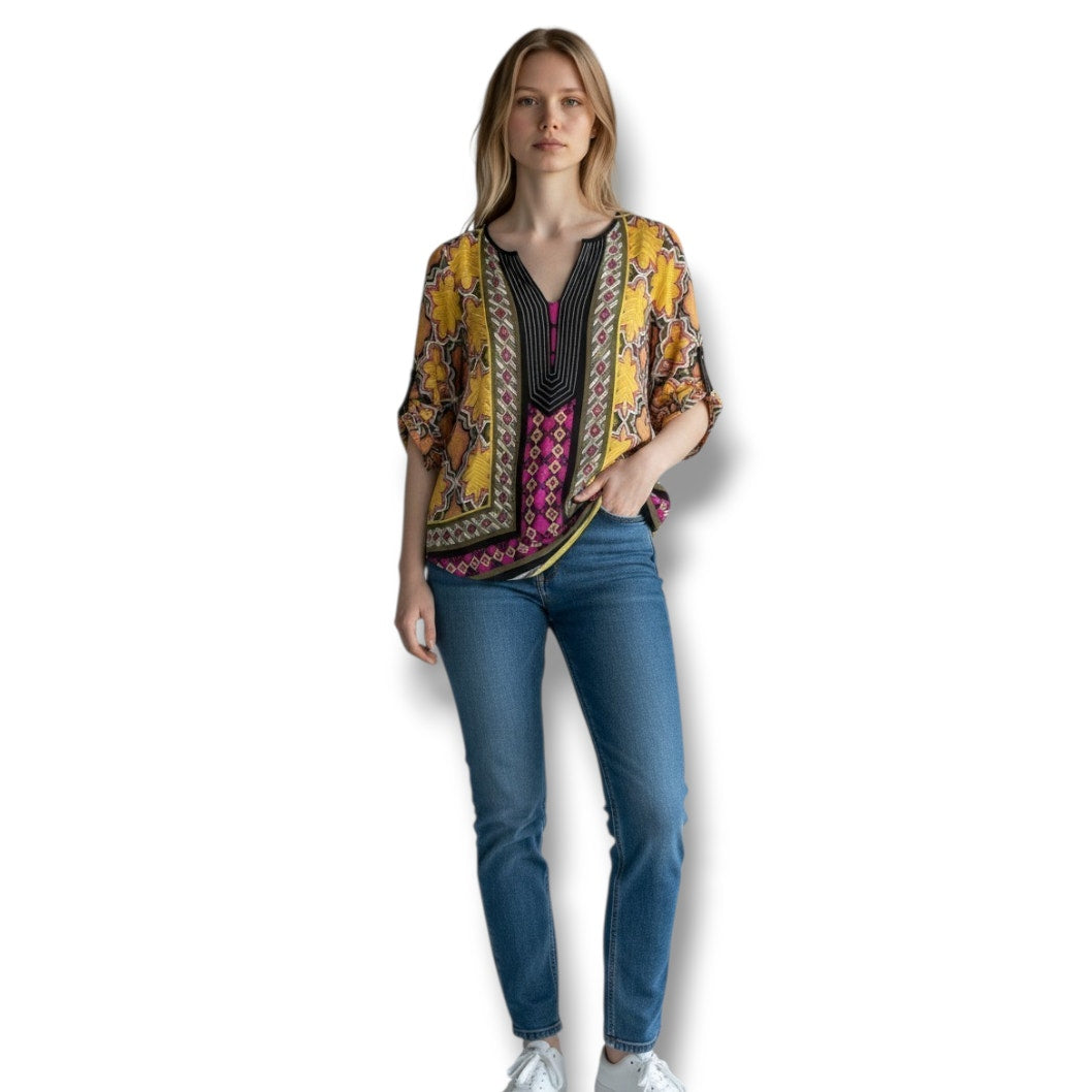 Dana Buchman Women’s Multicolor Batik Print Tunic Blouse Small | Boho Chic