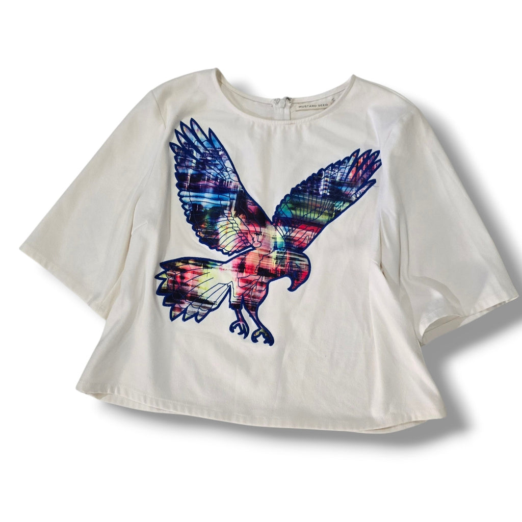 Mustard Seed Women’s Ivory Cropped Top w/ Colorful Eagle Graphic | Size L