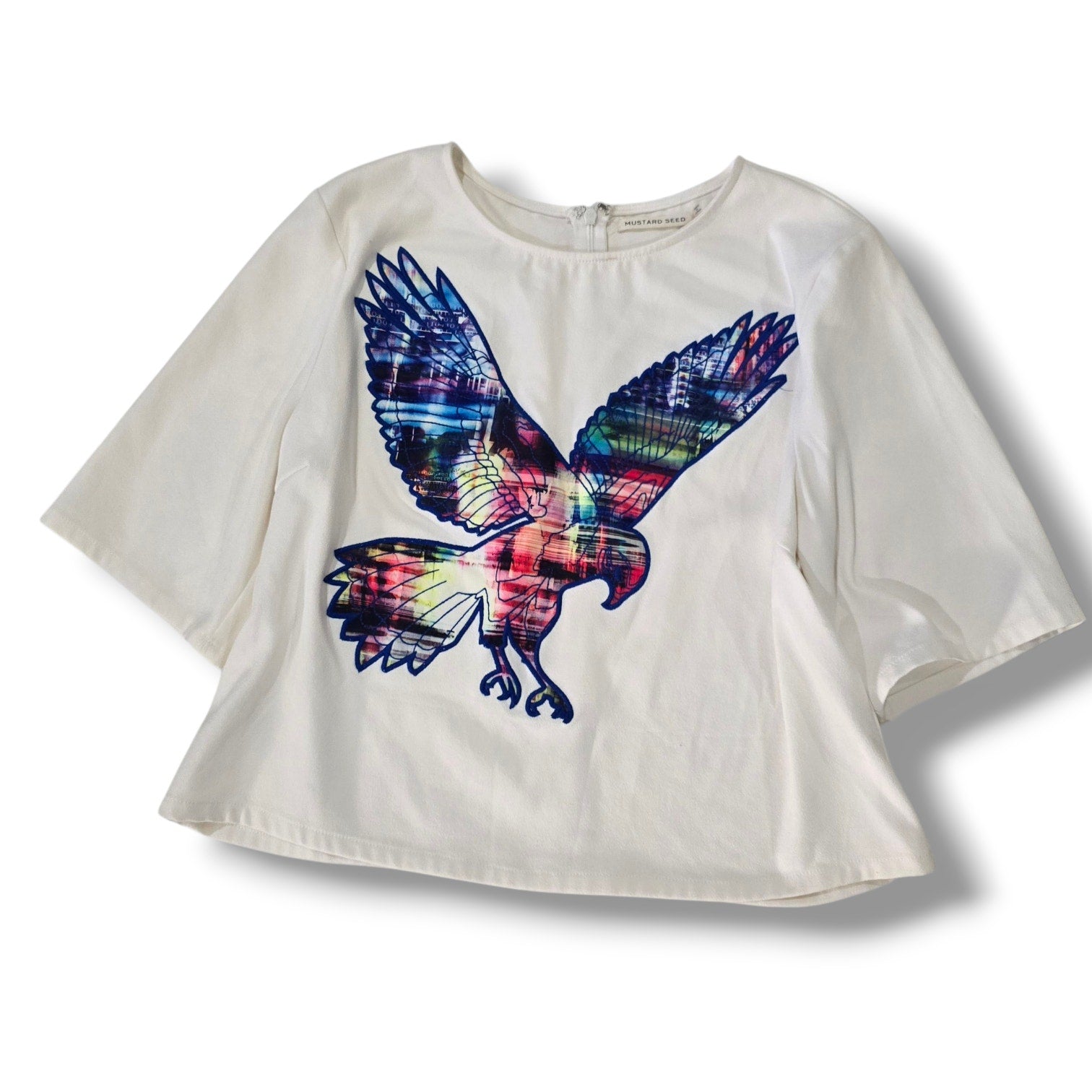 Mustard Seed Women’s Ivory Cropped Top w/ Colorful Eagle Graphic | Size L