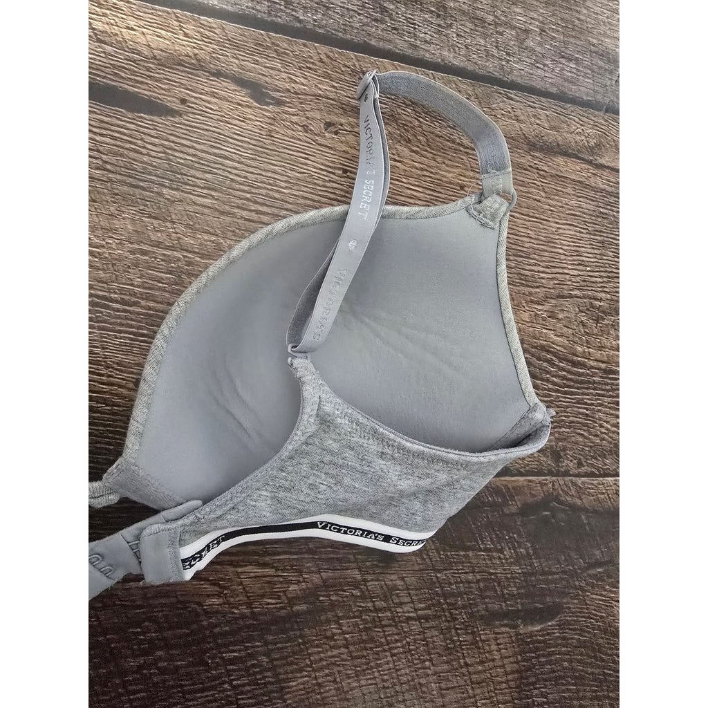 Victoria's Secret Cotton Push-Up Bra 34DD Heather Gray Logo Band Underwire