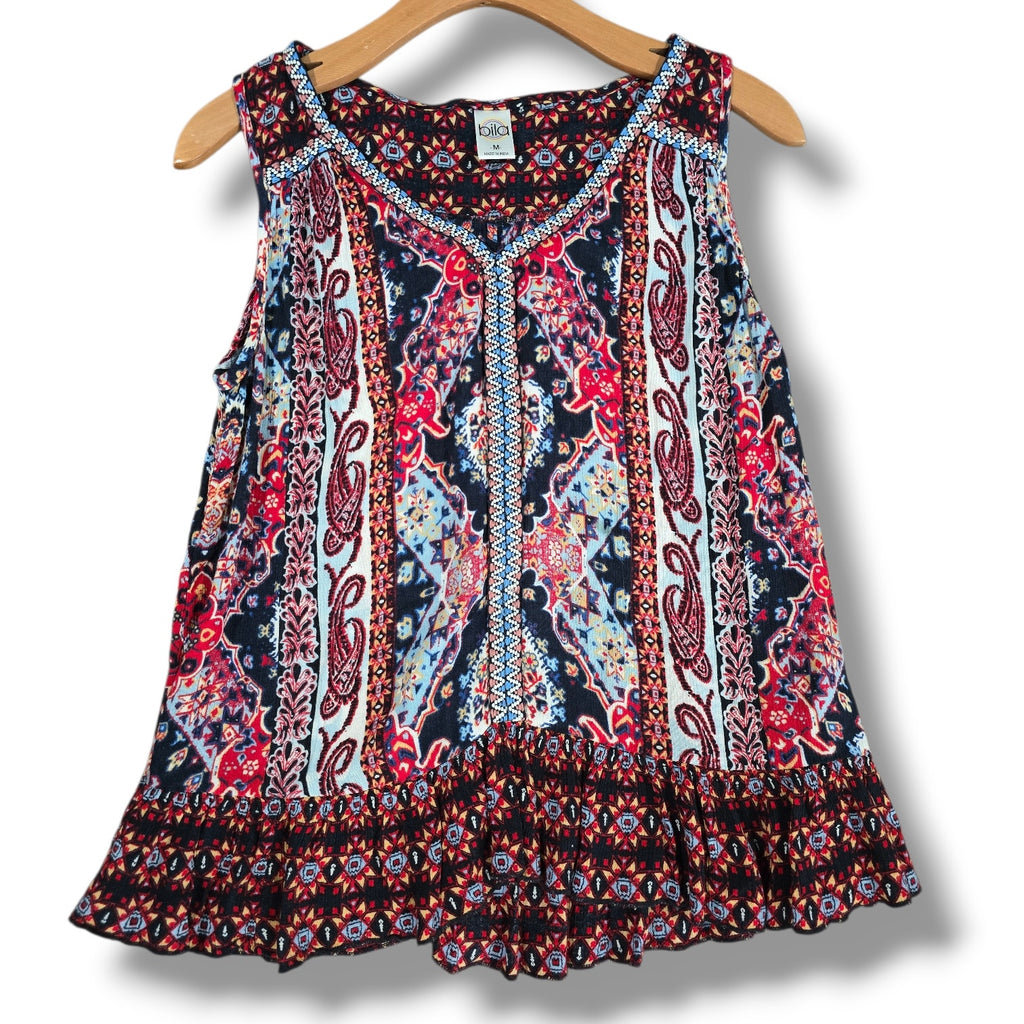 Bila women's Geometric Paisley Embroidered Split Neck Tank Top