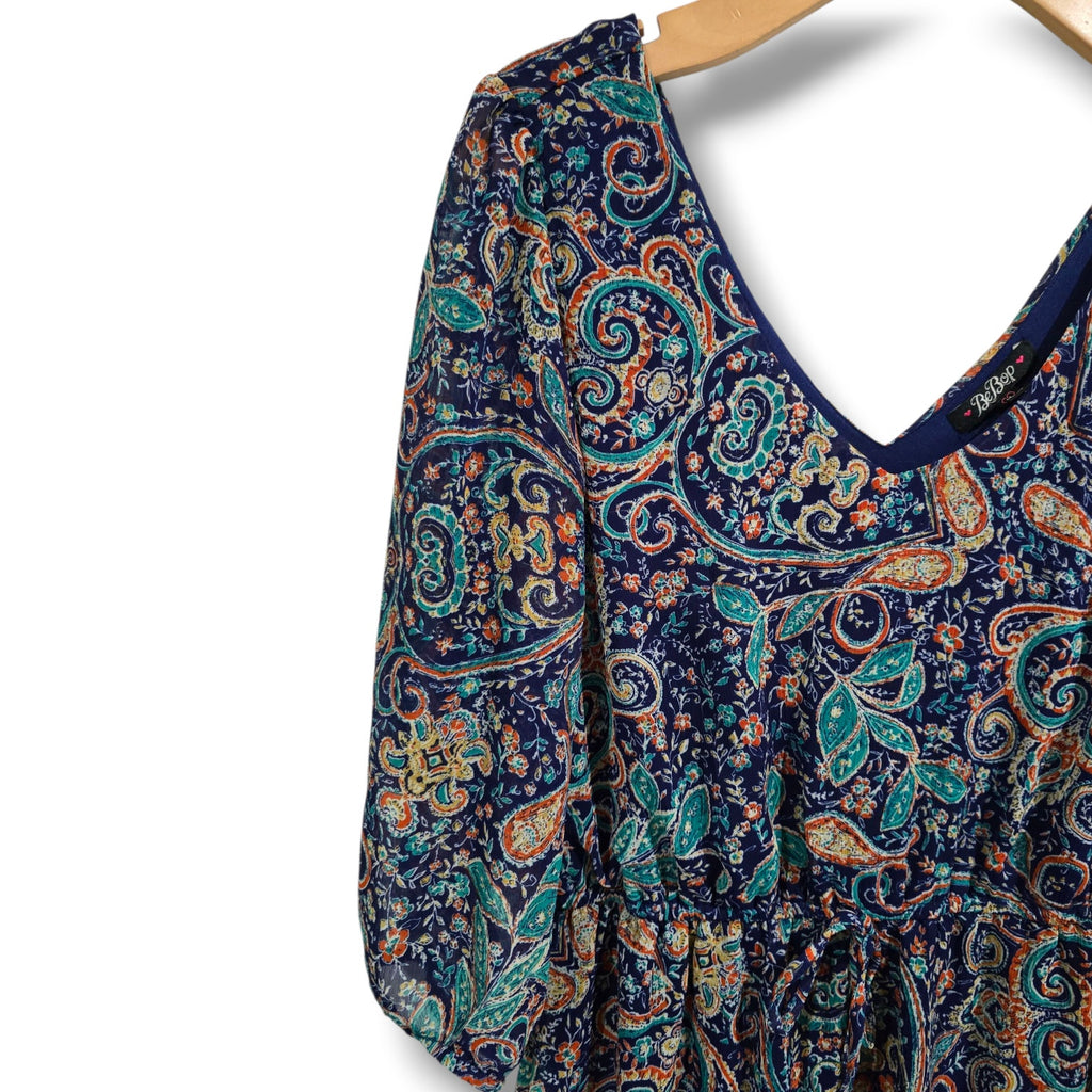 BeBop Women’s Navy Paisley Boho Chiffon Lined Mini Dress – Size Medium