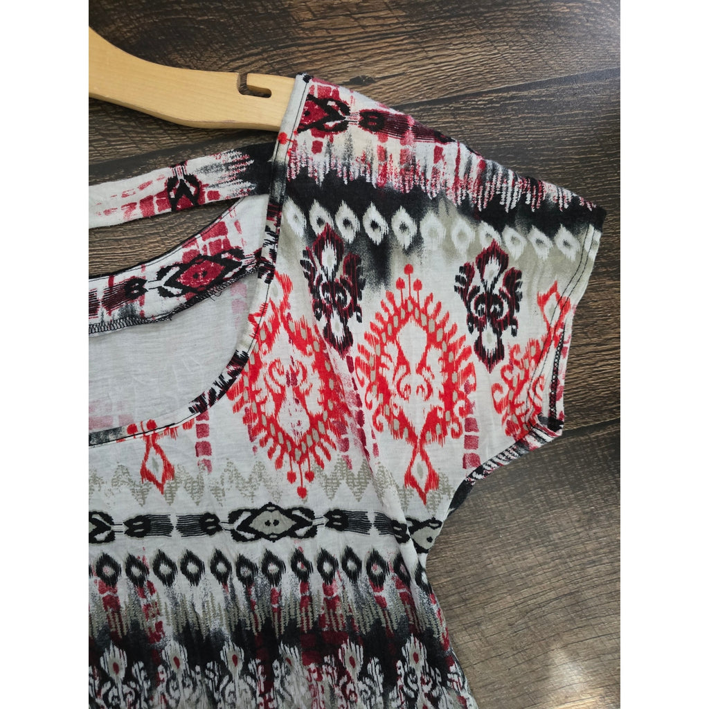 AB Studio Women's Size Medium Red Black Tribal Ikat Embellished Scoop Neck Top