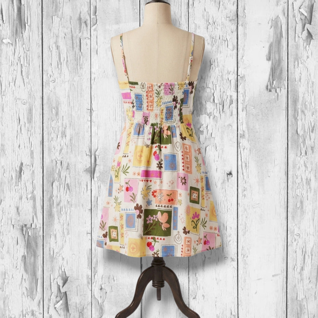 Monteau Los Angeles Celestial Floral Linen Blend Smocked Back Mini Sundress