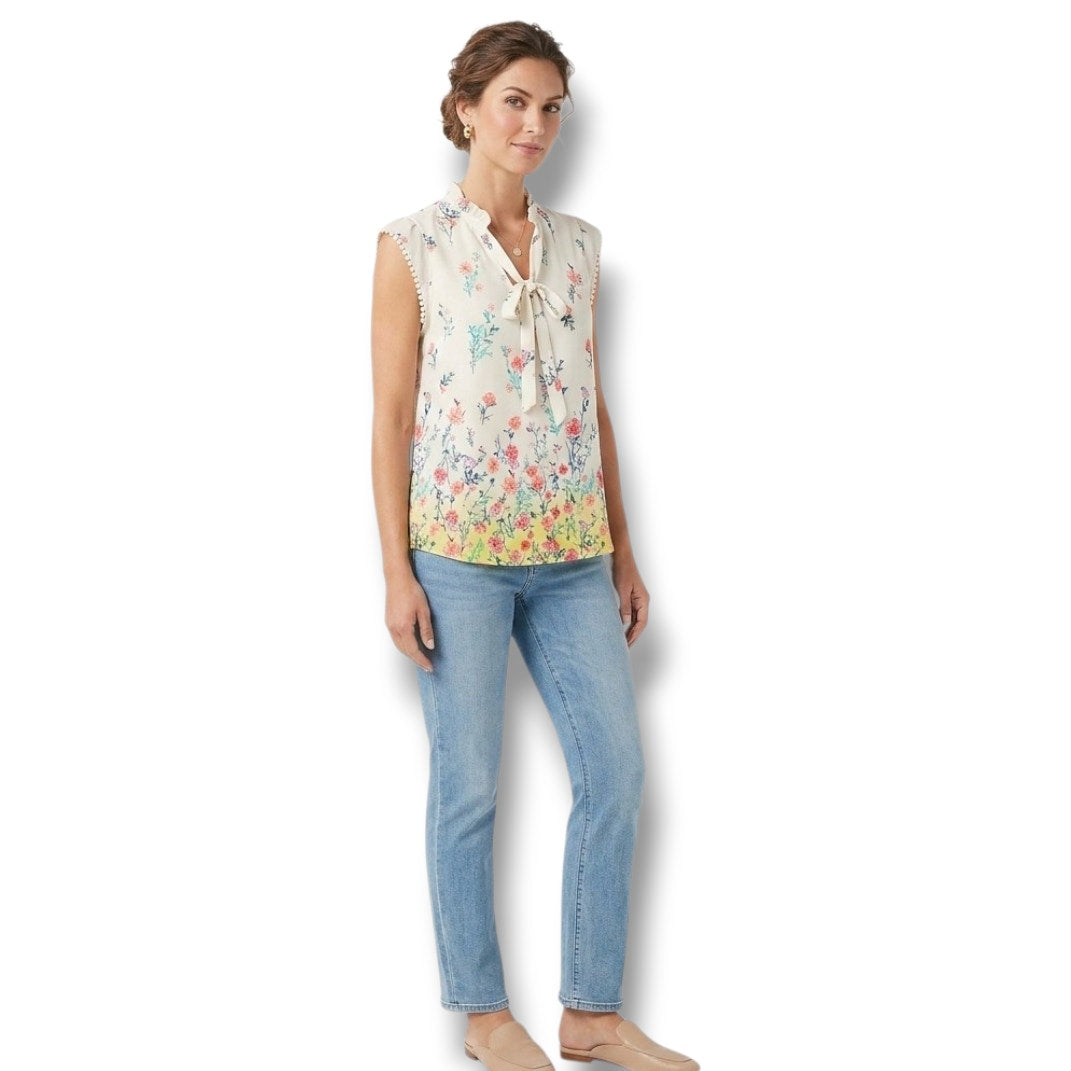 Cresent & Willough Floral Cap Sleeve Tie Neck Blouse Size Small
