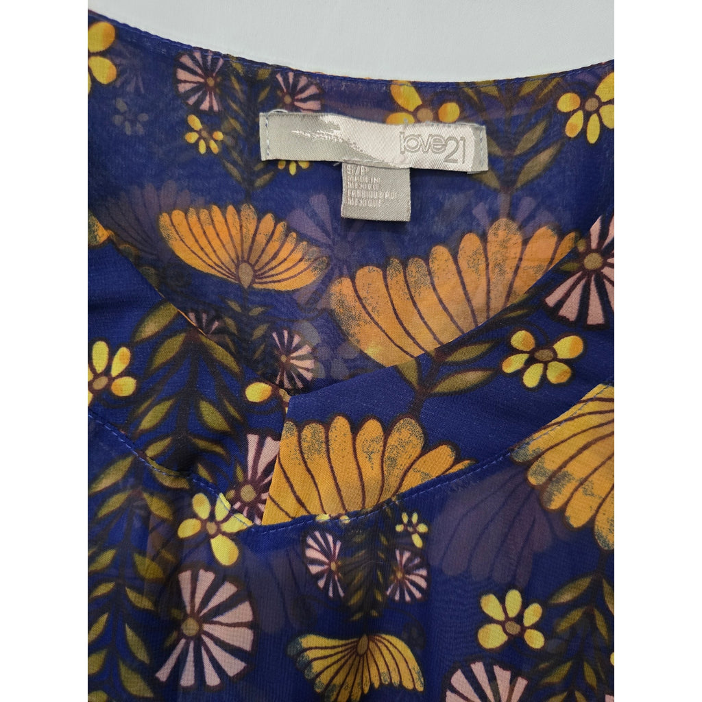 Love 21 women's Forever 21 Blue Retro Floral Sheer Chiffon Blouse – Small