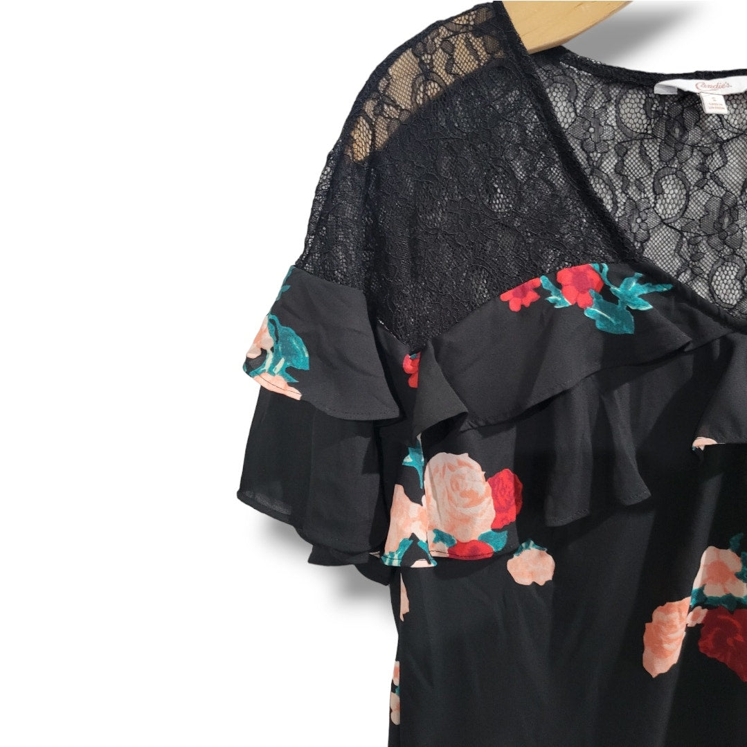 Candie’s Women’s Black Floral Ruffle Lace Blouse – Size Small, Short Sleeve