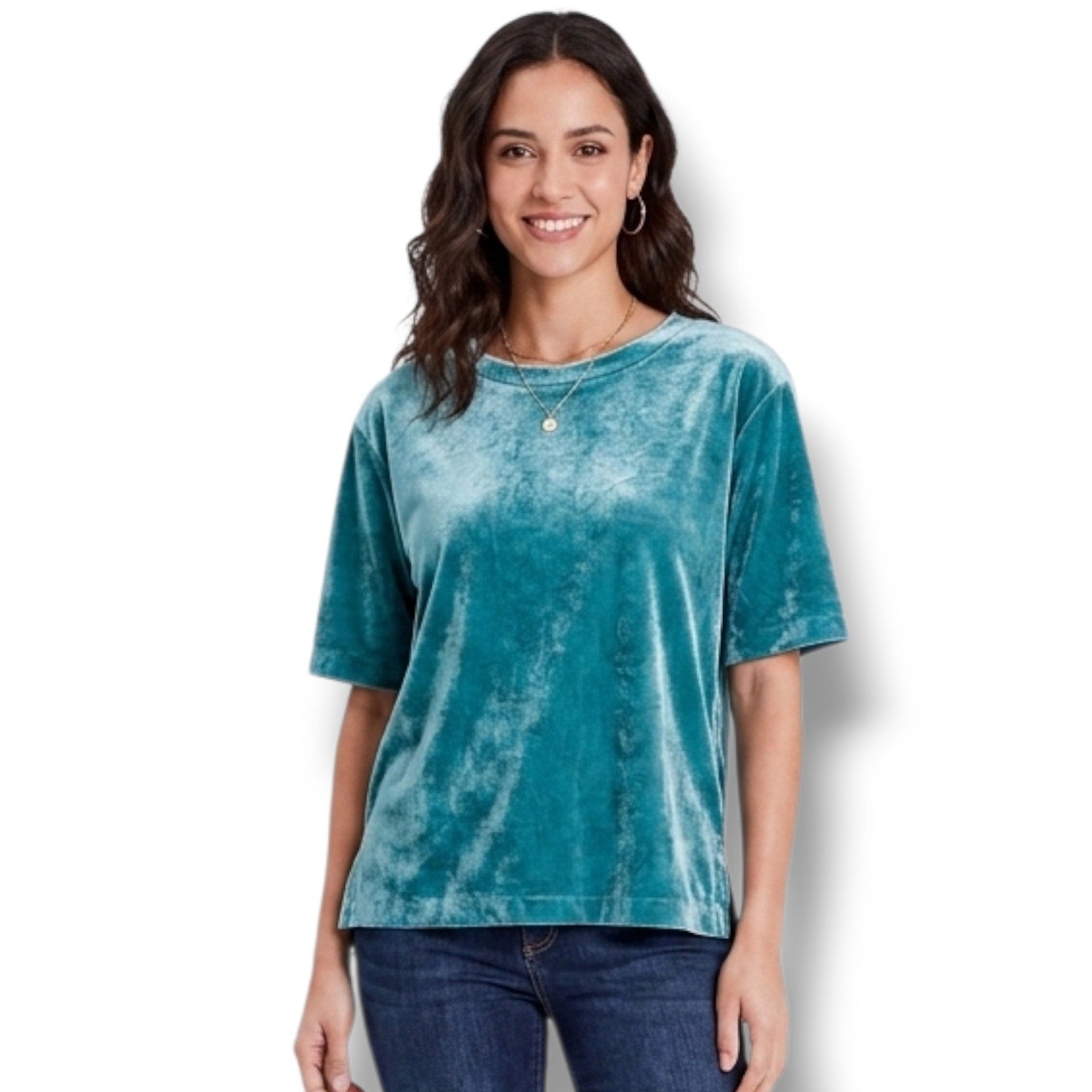 Jolie Delafield Women's Medium Teal Velvet Short Sleeve Top