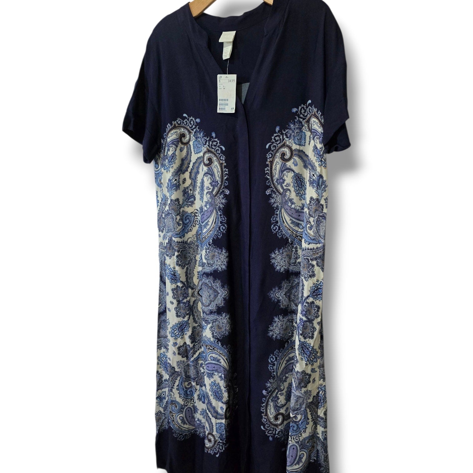NWT H&M Blue Paisley Button Down Midi Dress Size 2 Short Sleeve Viscose