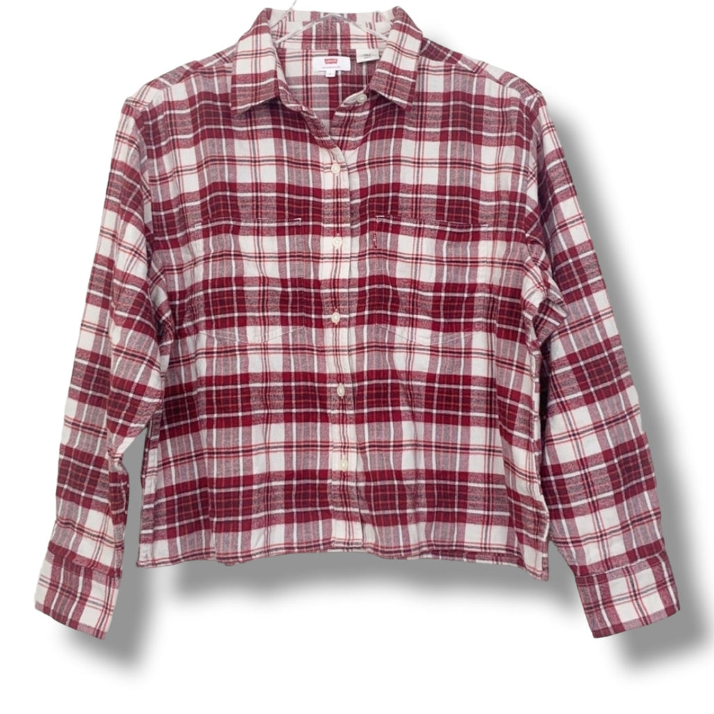 Levi’s Women’s Maple Red Utility Plaid Cropped Button-Up Shirt – Medium New
