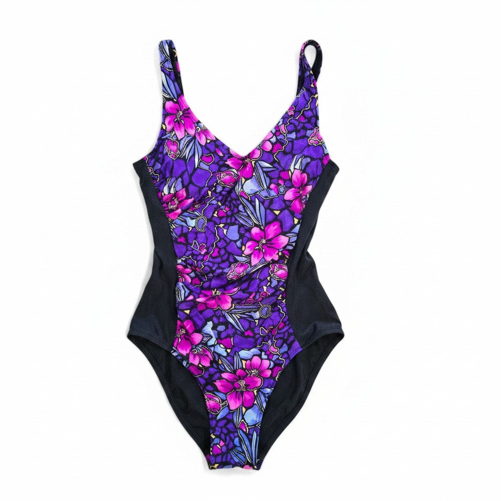 Vintage Maxine of Hollywood Purple Floral Ruched One Piece Swimsuit 16
