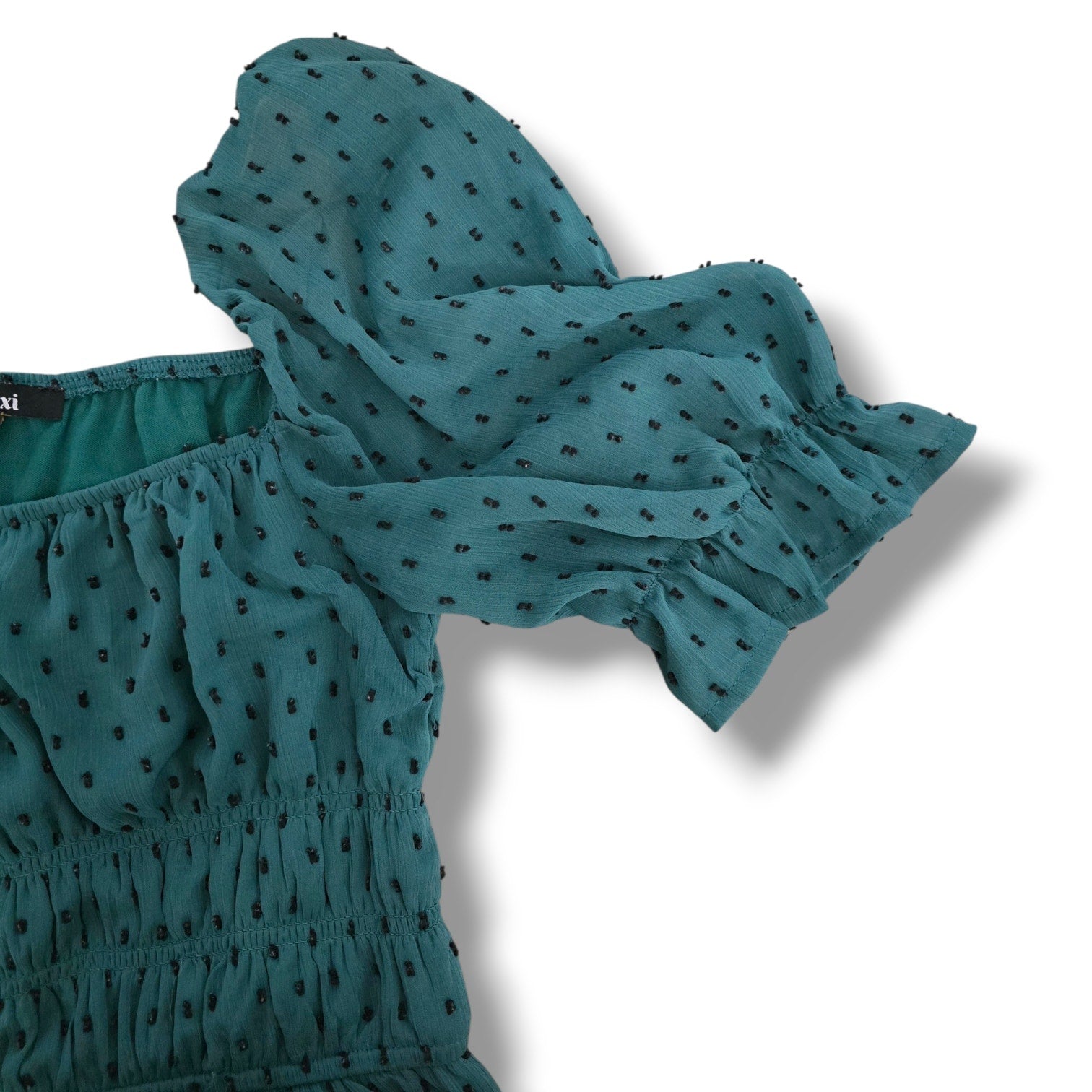 Trixxi Women's Size Large Emerald Green Swiss Dot Smocked Tiered Mini Dress