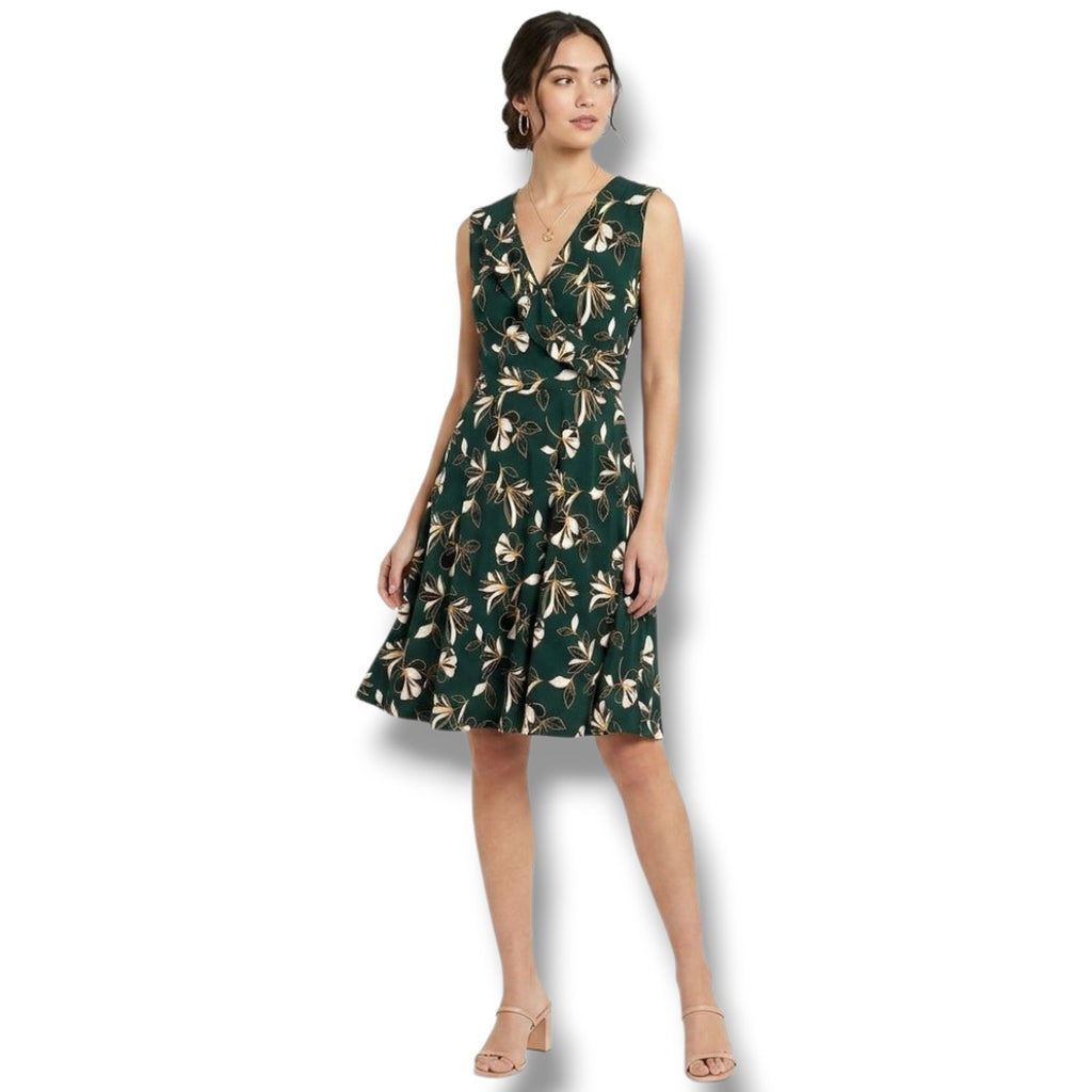 Leota Women’s Green Floral Sleeveless Faux Wrap Dress – Petite Medium