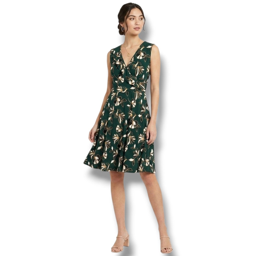 Leota Women’s Green Floral Sleeveless Faux Wrap Dress – Petite Medium