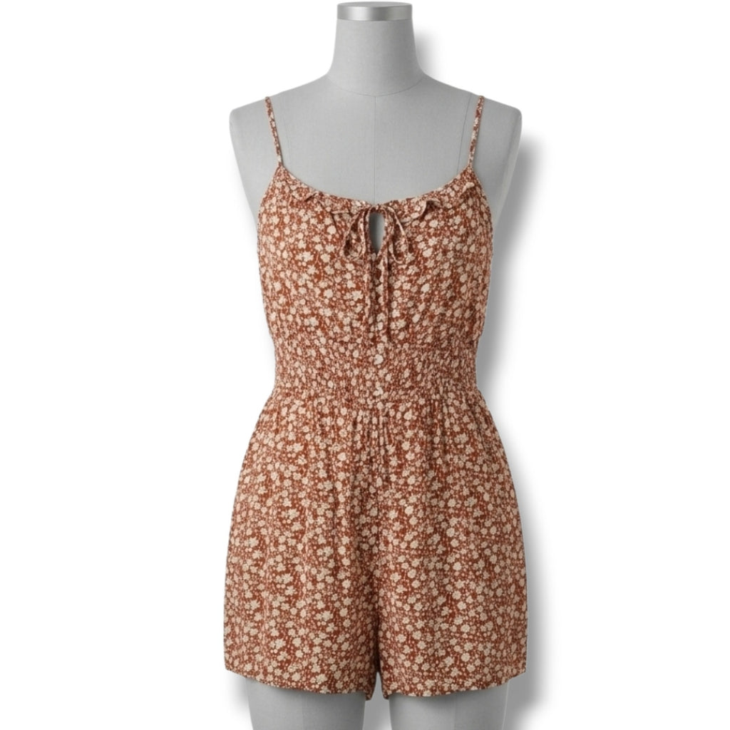 SHEIN women's Rust Floral Tie-Front Sleepy Romper xl