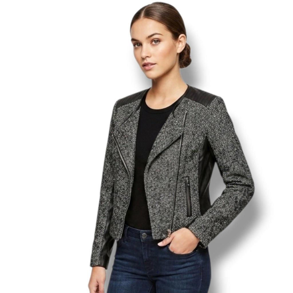 Forever 21 Contemporary women's Herringbone Faux Leather Trim Moto Jacket