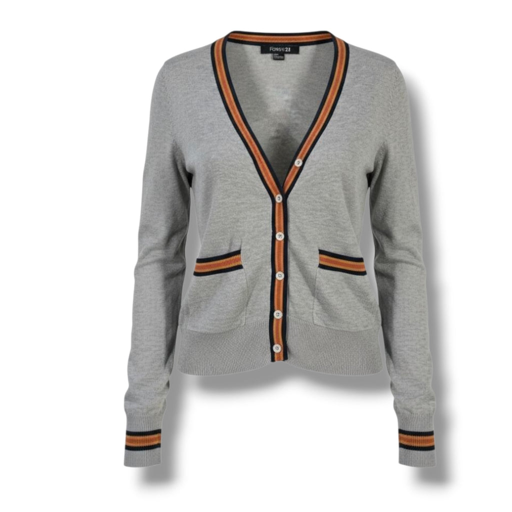 Forever 21 women’s Gray Button Front Cardigan Sweater with Striped Trim – Small