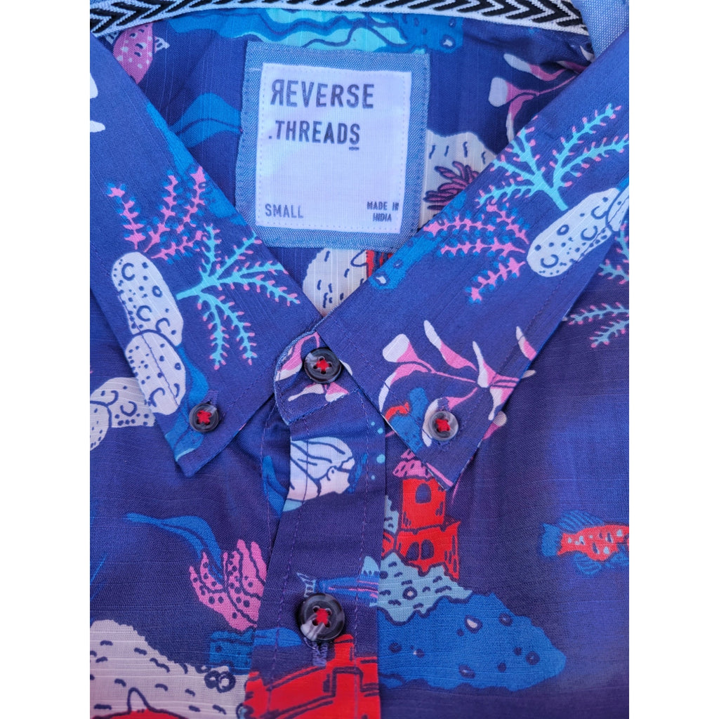 Reverse Threads Men’s Scuba Reef Print Navy Button-Down Shirt Small Cotton New