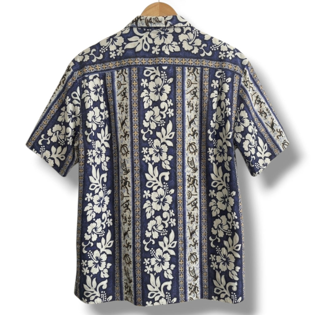 Vintage Royal Creations Hawaii Hawaiian Shirt Men XL Blue Floral Tribal Made USA
