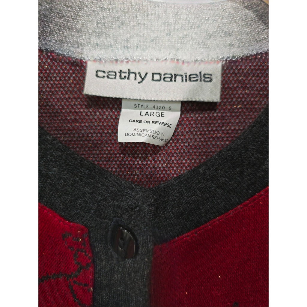 Cathy Daniels Women’s Red Floral Metallic Button-Front Cardigan Sweater – Large