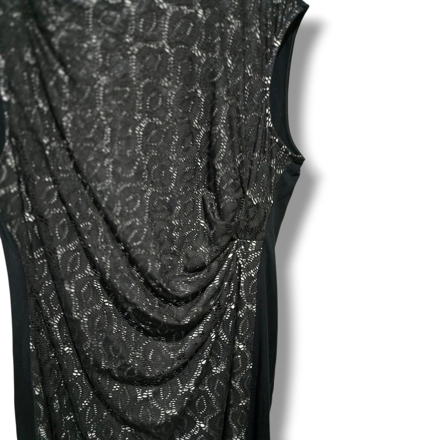 Chaus Women’s Black Lace Overlay Sleeveless Ruched Sheath Dress – Size XL