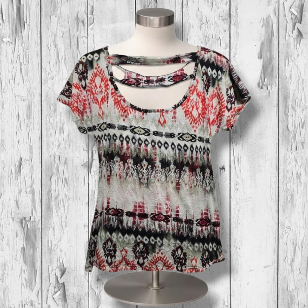 AB Studio Women's Size Medium Red Black Tribal Ikat Embellished Scoop Neck Top