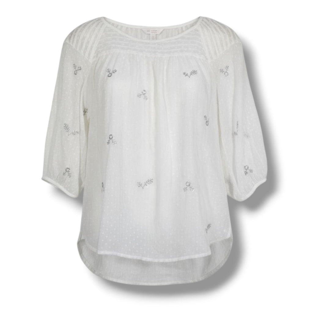 LC Lauren Conrad Women’s White Eyelet Embroidered Peasant Blouse Size Medium