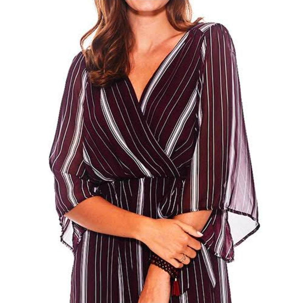 Bailey Blue Women’s Burgundy Striped Chiffon faux Wrap Maxi Dress – Size Medium