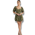 Inspired Hearts Women’s Olive Green Floral Puff Sleeve Corset Mini Dress Size M