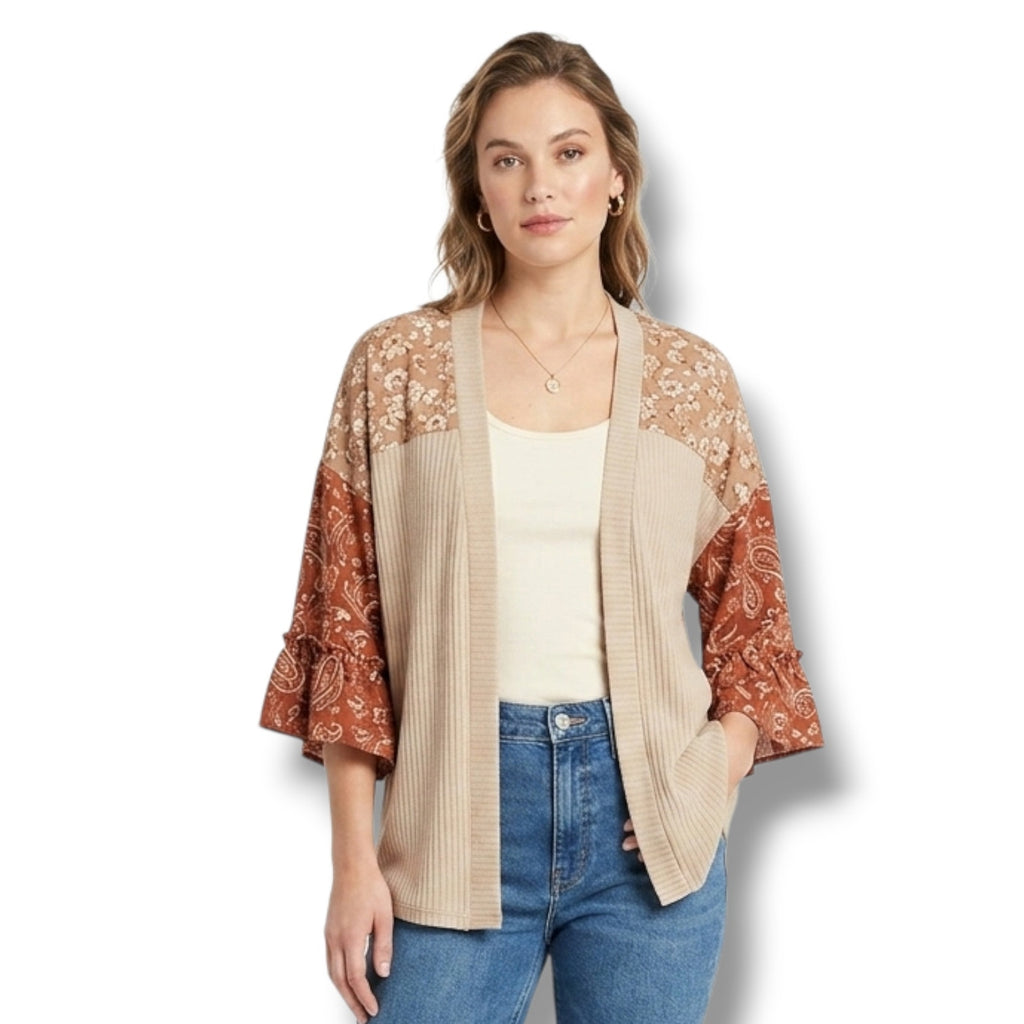 Maurices Women's Size Small Floral Paisley Mix Media Open Front Kimono Cardigan