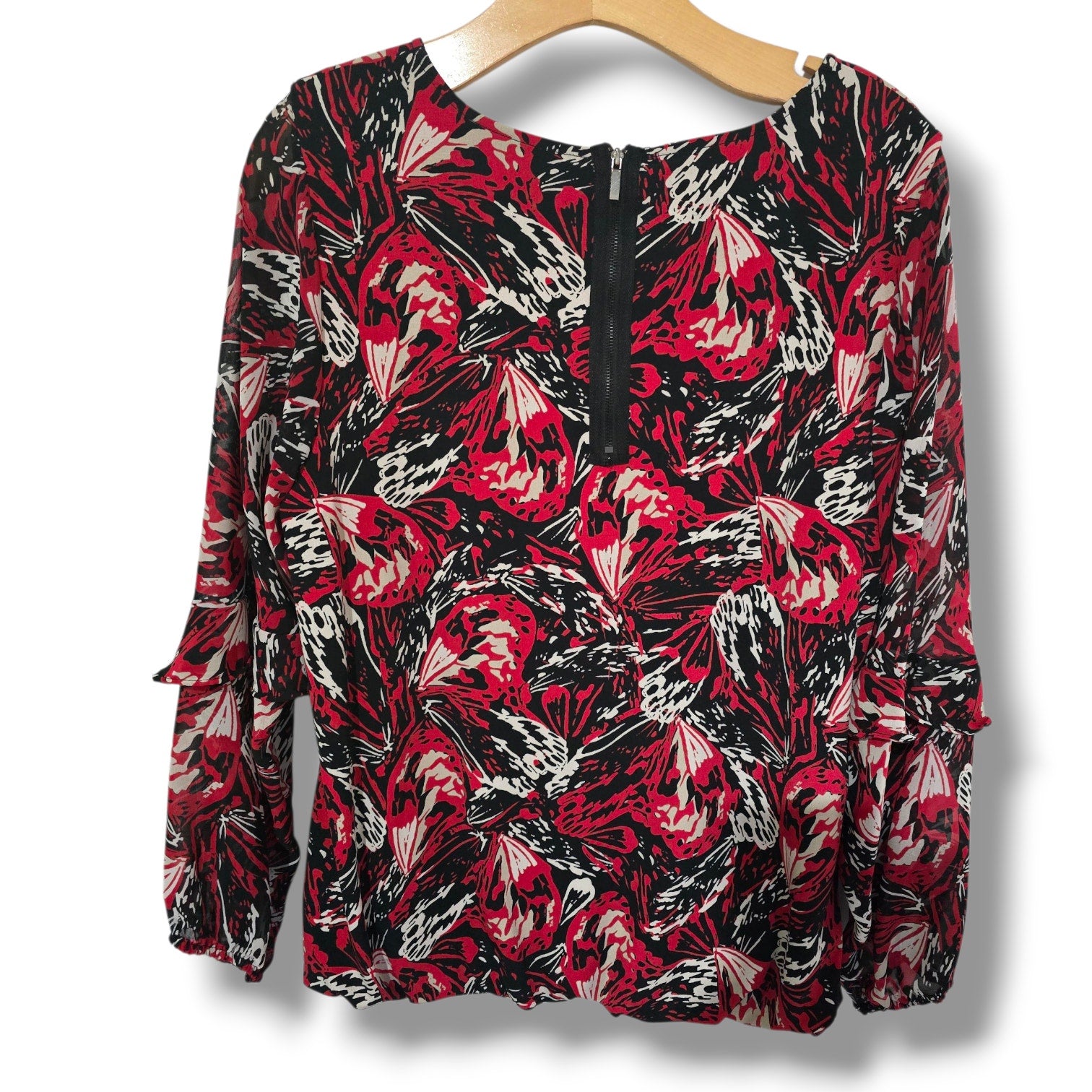 Alfani Women’s Red Black Abstract Print Long Sleeve Ruffle Blouse – Size Large