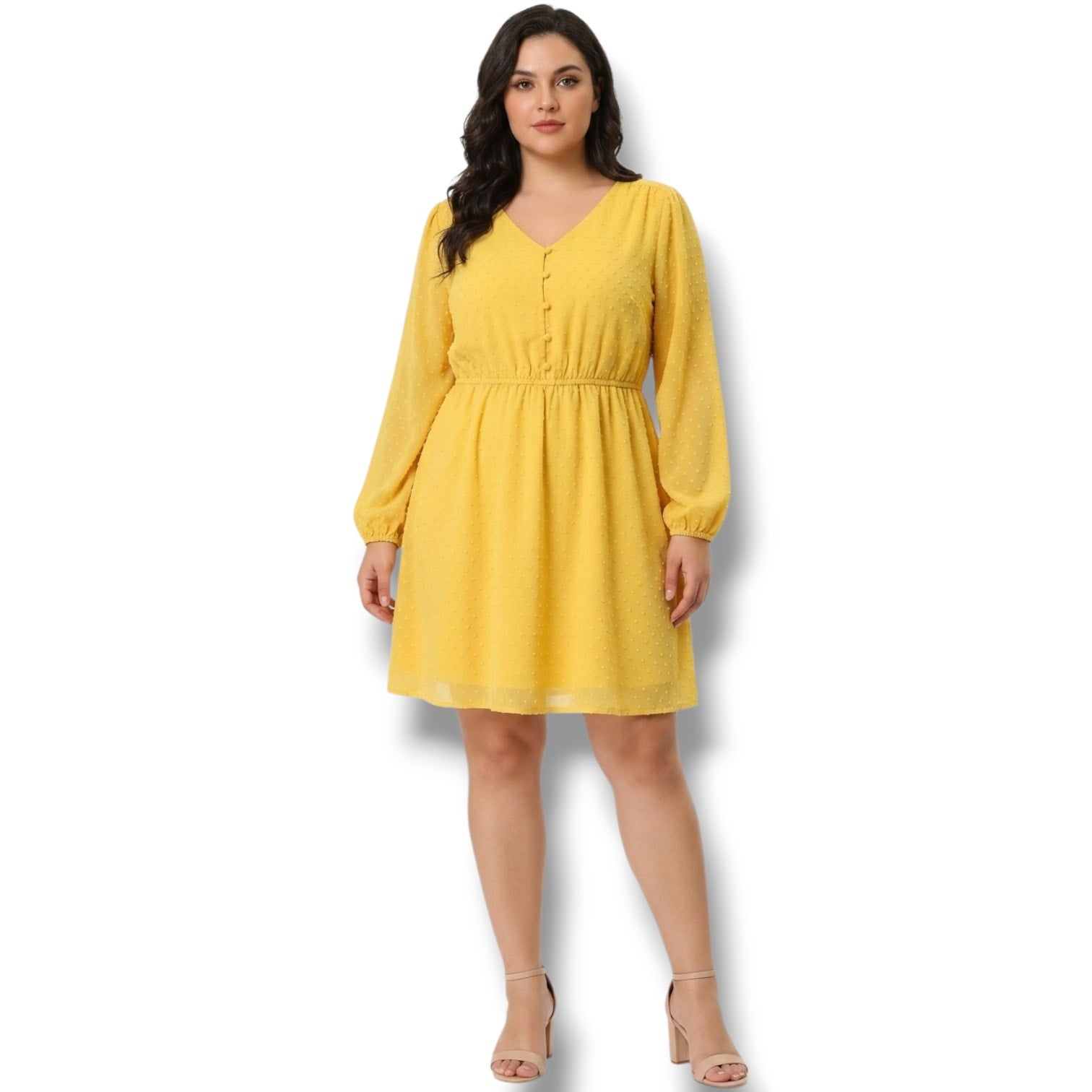 Allegra K Yellow Swiss Dot Long Sleeve Lined Dress – Plus Size 1X, NWT