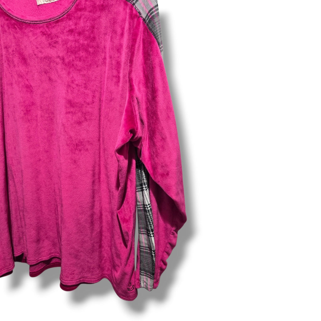Cuddl Duds women's plus size Hot Pink Plush Fleece Plaid Trim Pajama Top