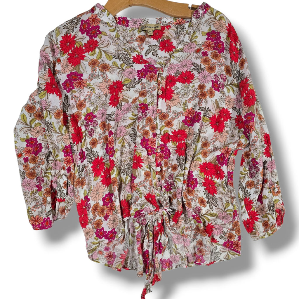 Democracy Women’s Floral Tie-Front Blouse PS Petite – 100% Rayon Boho Style