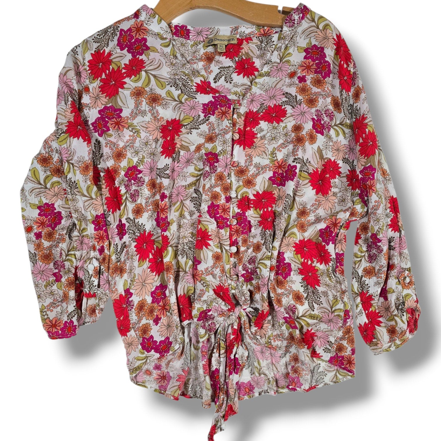 Democracy Women’s Floral Tie-Front Blouse PS Petite – 100% Rayon Boho Style